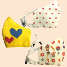 Load image into Gallery viewer, Pack of 3 Little Hearts, Candy, Hearts on Yellow Theme | Conical Protective Face Cover with a Pocket, Adjustable Ear Loops and Nose Wire