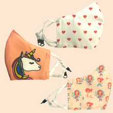 Load image into Gallery viewer, Pack of 3 Unicorn on Pink, Mermaid, Little Hearts Theme | Conical Protective Face Cover with a Pocket, Adjustable Ear Loops and Nose Wire
