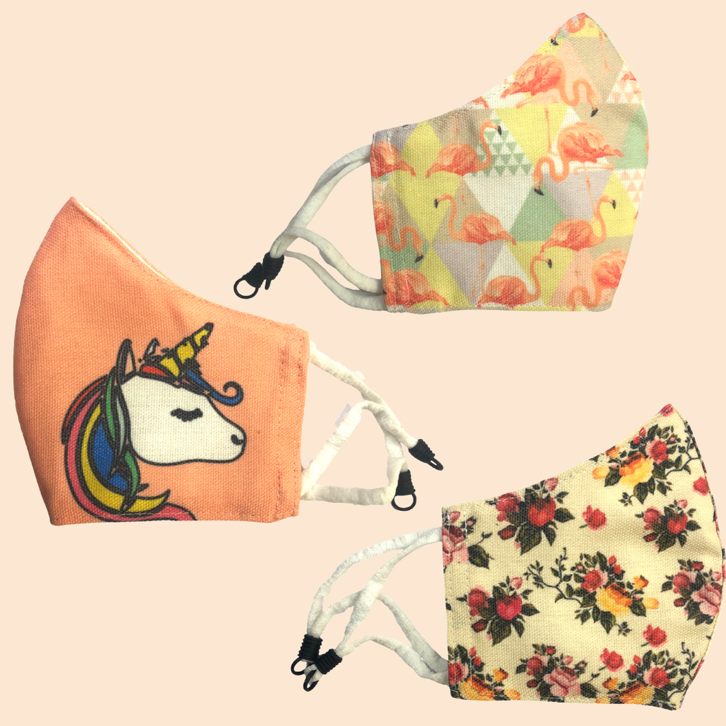 Pack of 3 Unicorn on Pink, Floral, Flamingo Theme | Conical Protective Face Cover with a Pocket, Adjustable Ear Loops and Nose Wire