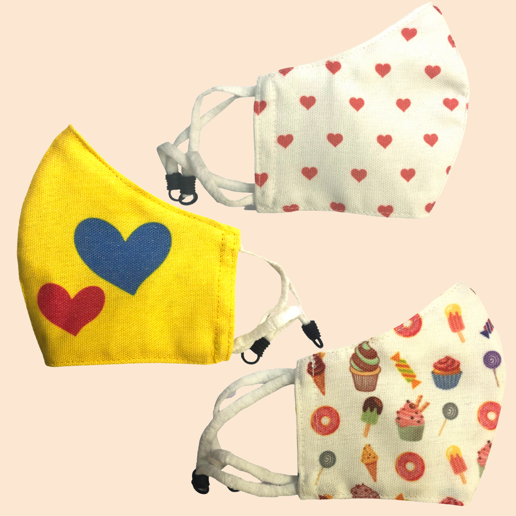 Pack of 3 Little Hearts, Candy, Hearts on Yellow Theme | Conical Protective Face Cover with a Pocket, Adjustable Ear Loops and Nose Wire