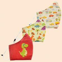 Load image into Gallery viewer, Pack of 3 Transport, Dinosaur, Dino on Red Theme | Conical Protective Face Cover with a Pocket, Adjustable Ear Loops and Nose Wire
