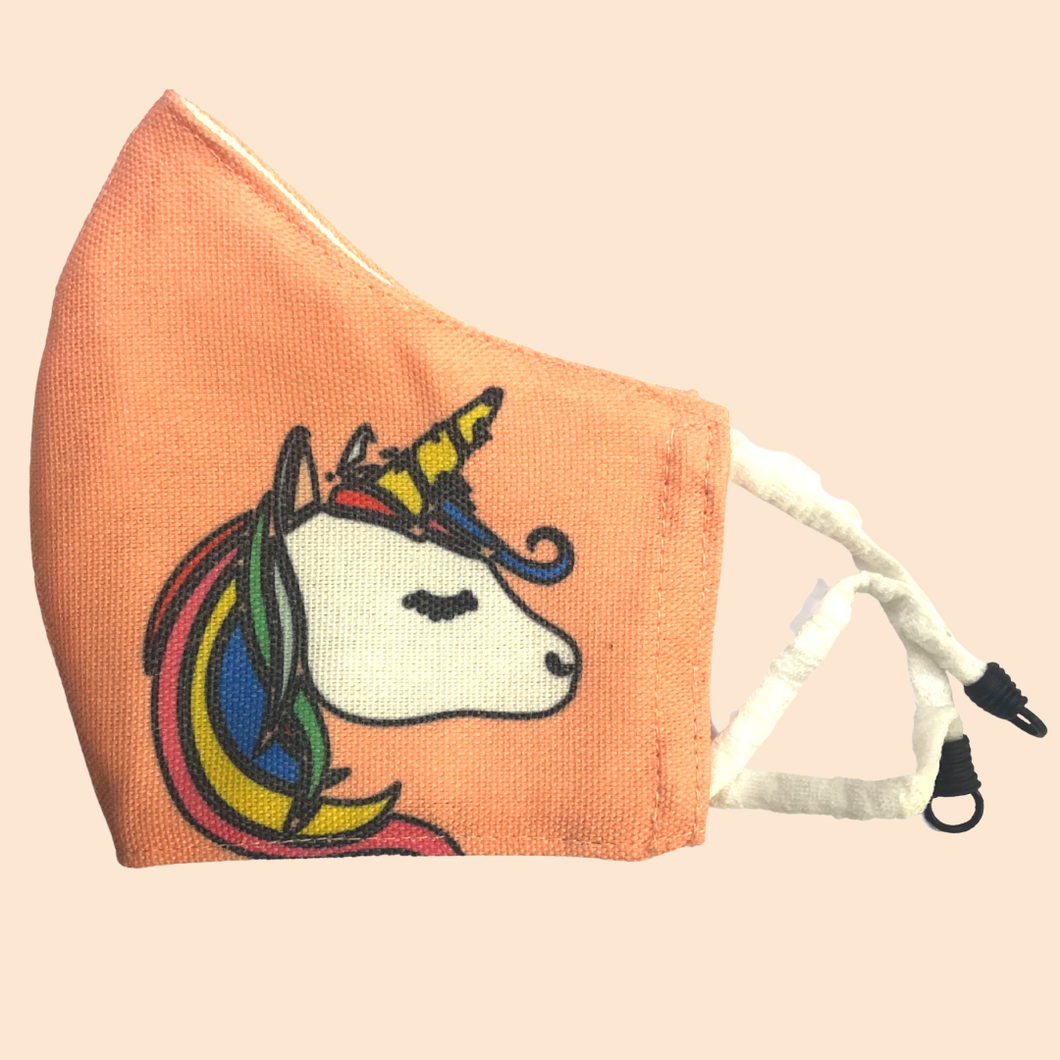 Unicorn on Peach Base Theme | Conical Protective Face Cover with a Pocket, Adjustable Ear Loops and Nose Wire