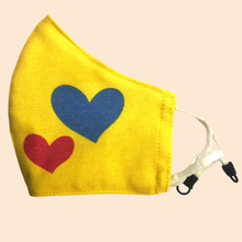 Load image into Gallery viewer, Hearts on Yellow Theme | Conical Protective Face Cover with a Pocket, Adjustable Ear Loops and Nose Wire
