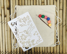 Load image into Gallery viewer, DIY Canvas Drawstring Bag Kit with a Bird Stencil and pack of Fabric Paints | Colour-it-Yourself
