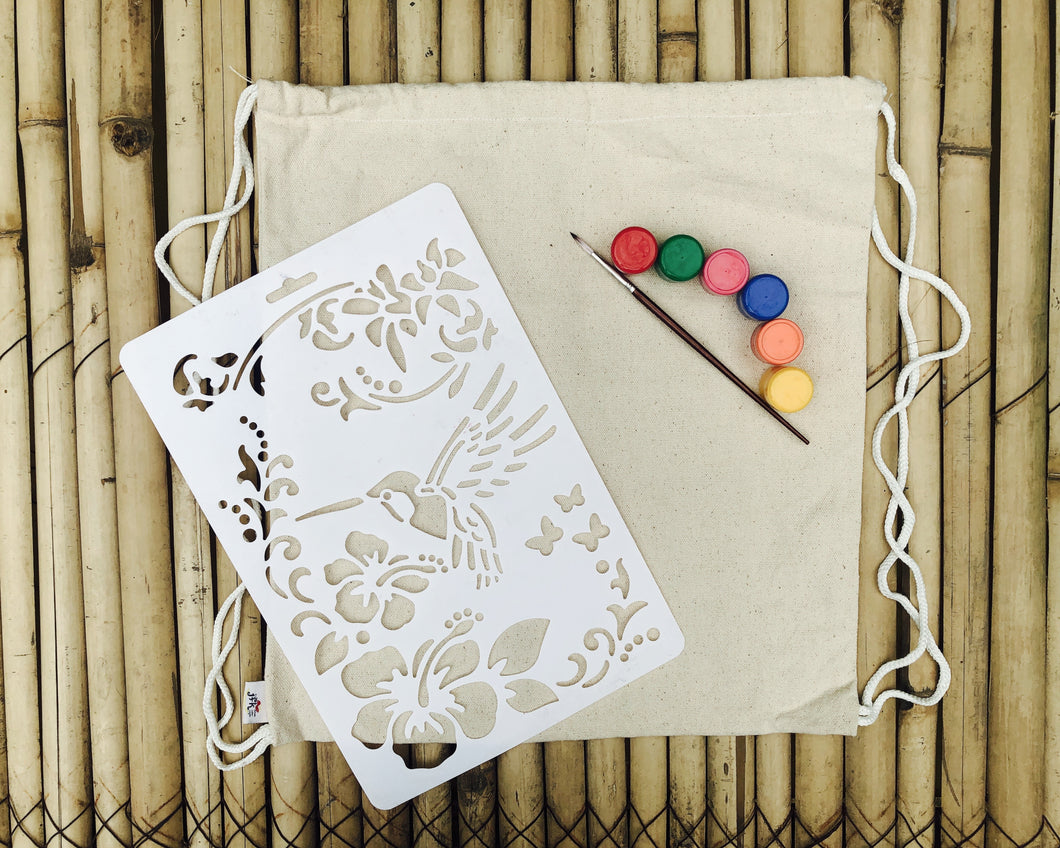 DIY Canvas Drawstring Bag Kit with a Bird Stencil and pack of Fabric Paints | Colour-it-Yourself