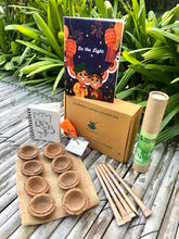 Load image into Gallery viewer, Diwali Brown Box Hamper:  Plantable Diwali Themed Diary + Plantable Mini Notepad + Organic Cow Dung Diya Set of 8 + 1 Seed Ball + 5 Plantable Pens
