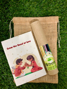 Rakhi themed Plantable Diary + 10 Plantable Colour Pencils in a Jute Bag