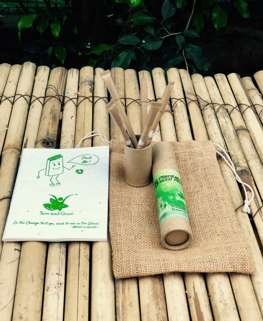 Jute Bag Collection: 1 Plantable Diary and 5 Plantable Paper Pens in a Re-usable Stationary Box