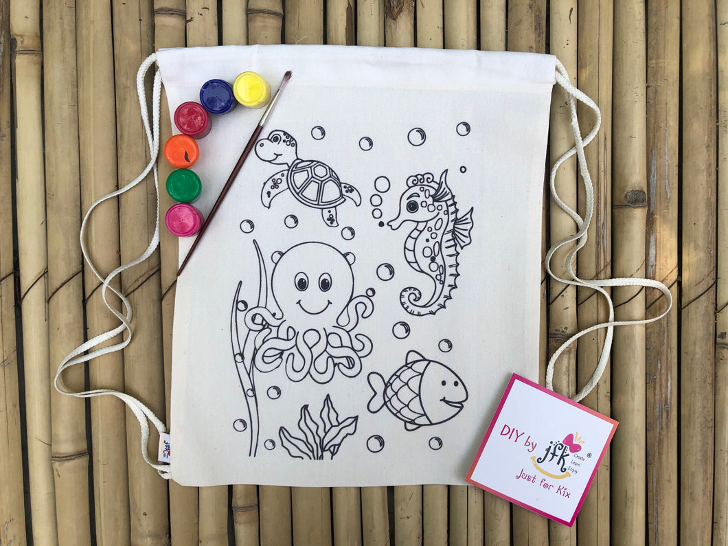 DIY Canvas Drawstring Bag Underwater Theme | Kit with a pack of Fabric Paints | Colour-it-Yourself