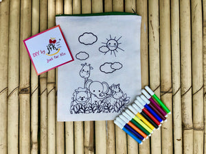 DIY Large Multi-Purpose Pouch Jungle Theme with a pack of Sketch Pens | Colour-it-Yourself