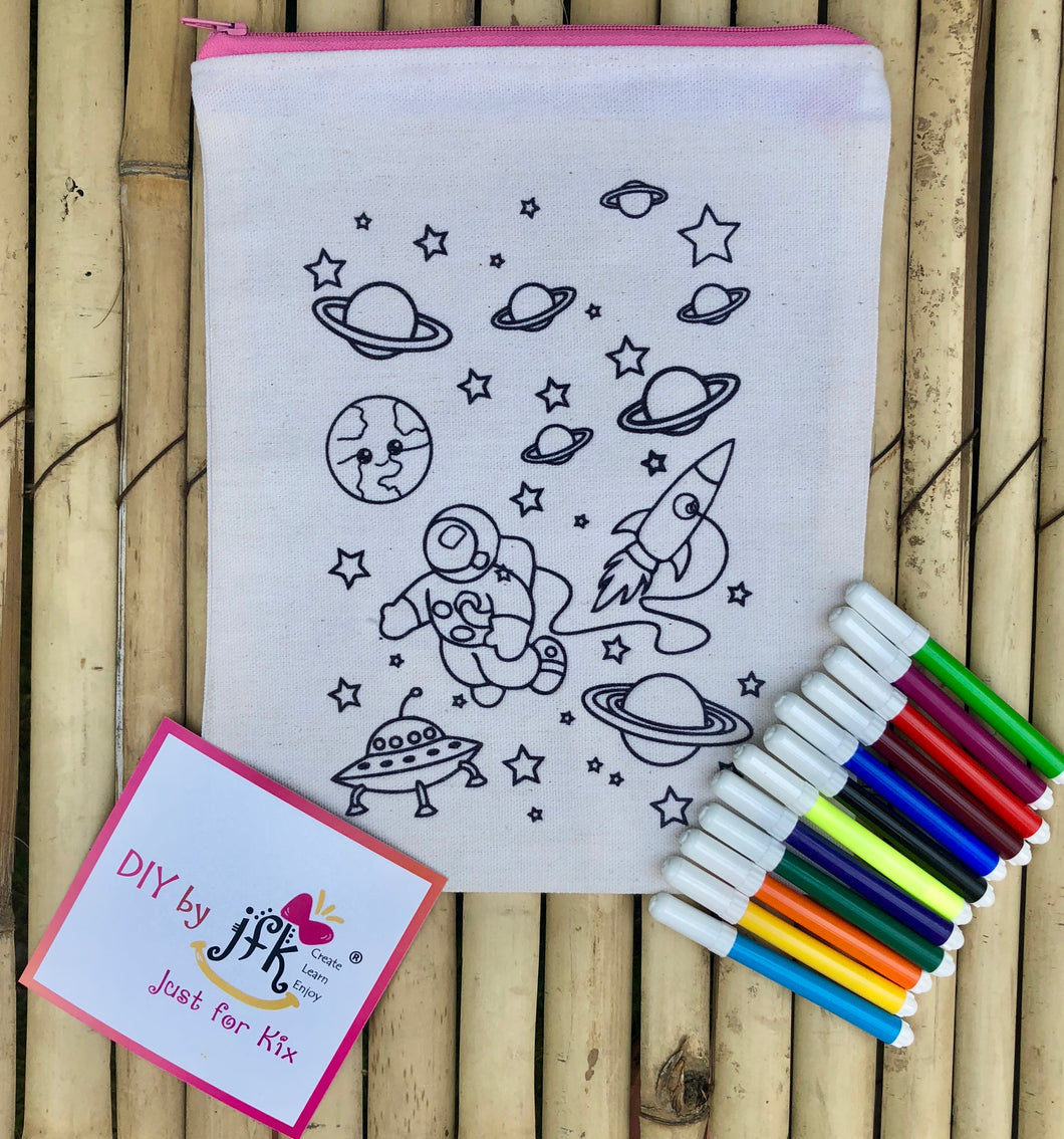 DIY Large Multi-Purpose Pouch Space Theme with a pack of Sketch Pens | Colour-it-Yourself