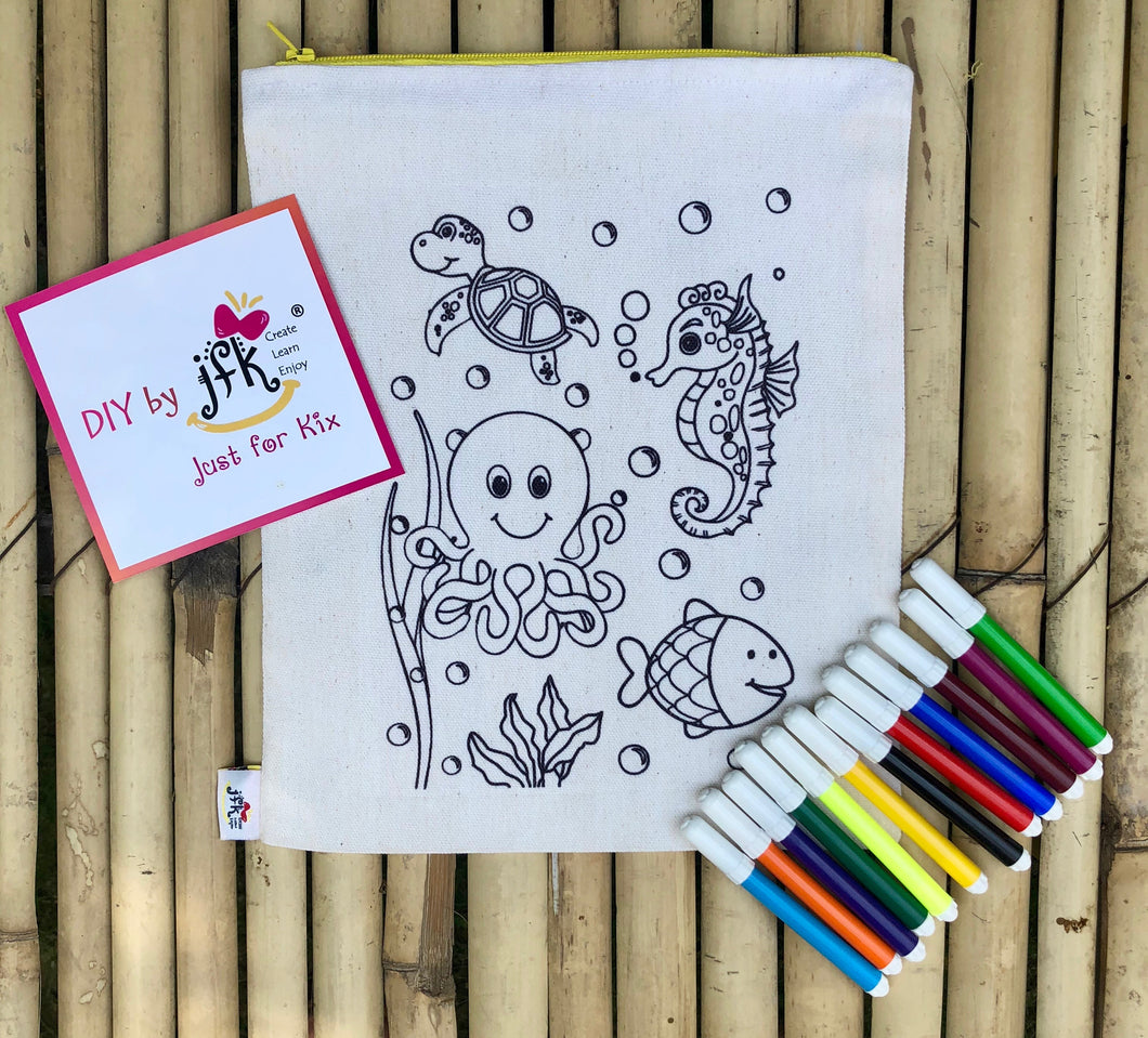 DIY Large Multi-Purpose Pouch Underwater Theme with a pack of Sketch Pens | Colour-it-Yourself