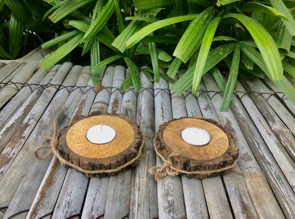 Set of 2 Premium Tree Bark Tealight Holders: Diwali Special