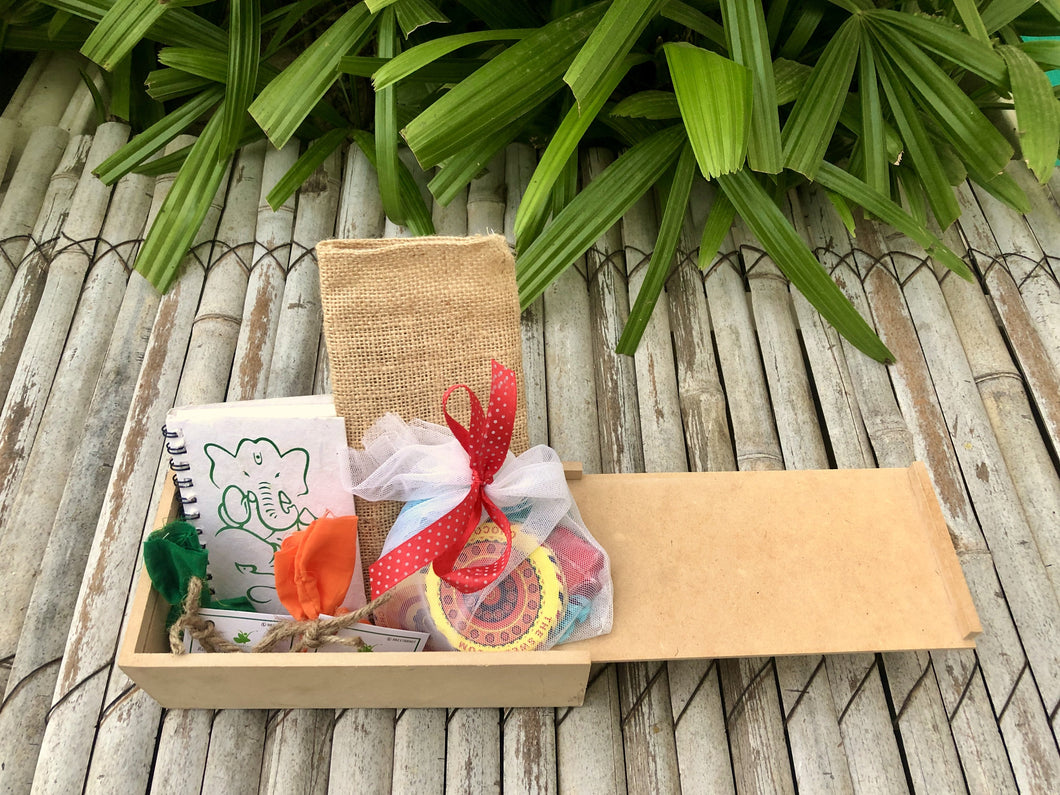Wooden Box Hamper: Plantable Mini Notepad + Diwali Themed Chocolates + 2 Seed Balls + 5 Plantable Pens